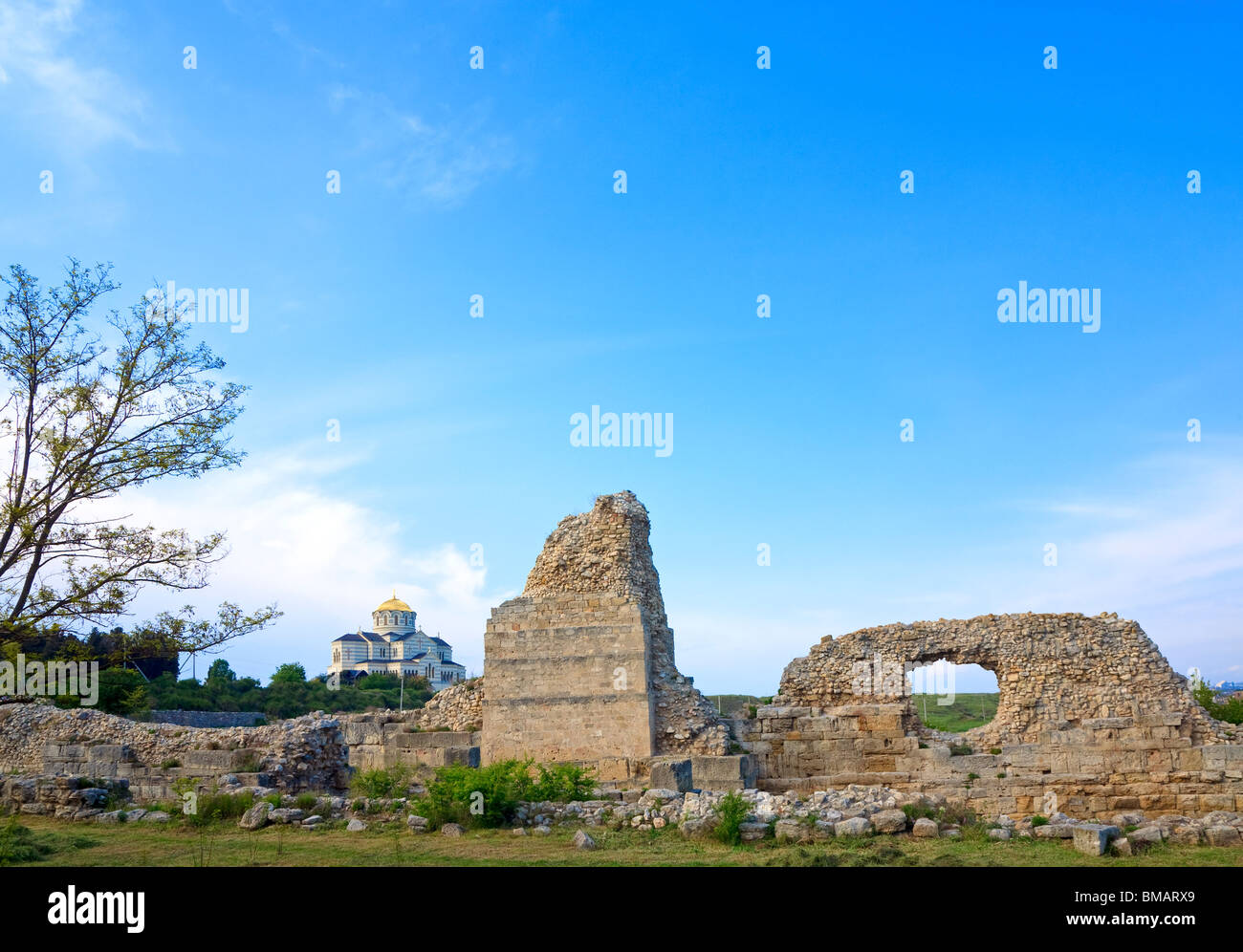 Evening Chersonesos (ancient town) and St Vladimir's Cathedral (Sevastopol, Crimea, Ukraine) Stock Photo