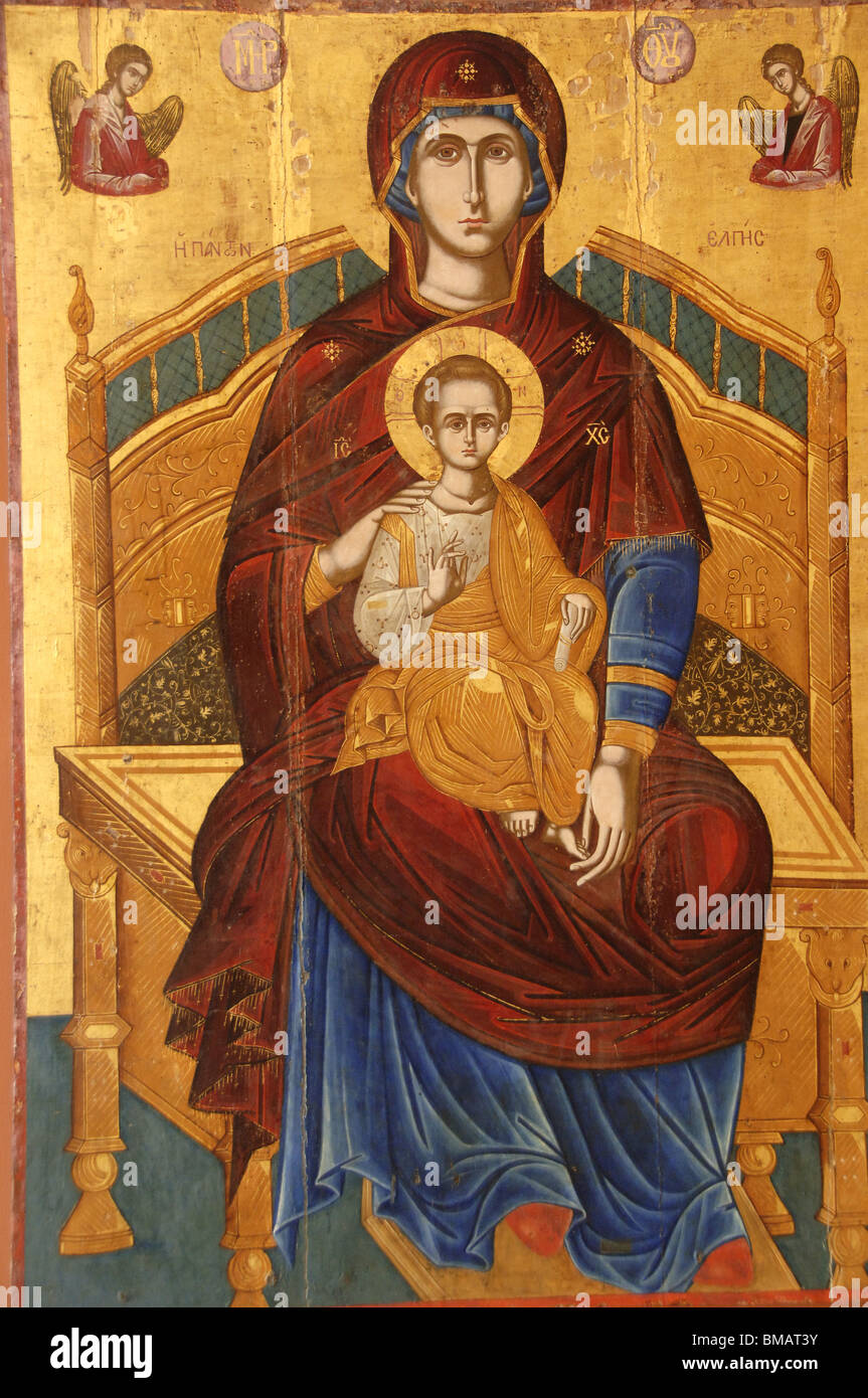 Enthroned Virgin from the church of St. John tou Trafu. Byzantine Museum. Zante. Ionian Islands. Greece. Stock Photo