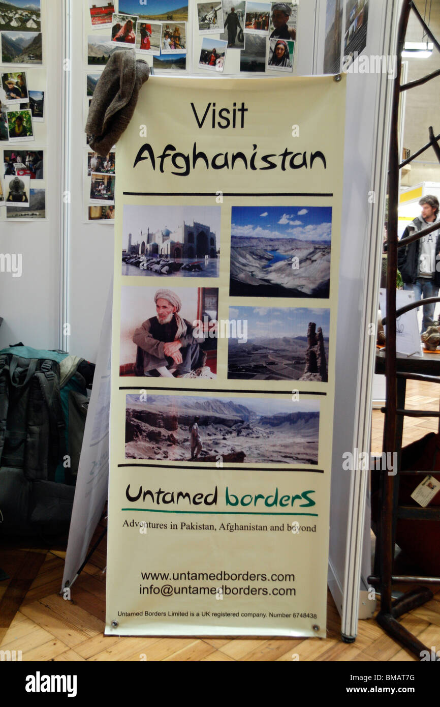Sign/advert of a company promoting travel to Afghanistan at the Adventure Show, Royal Horticultural Halls, London, Jan 2010. Stock Photo