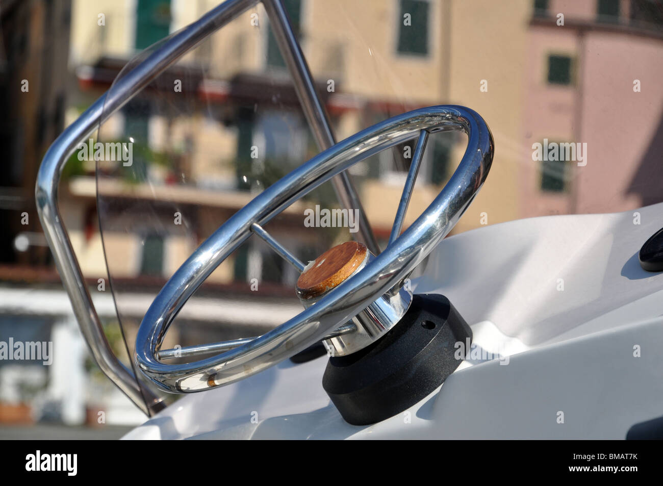 motorboat steering wheel detail Stock Photo