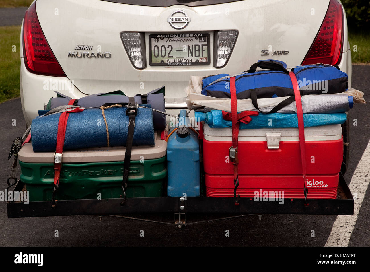 Camping equipment on a rack on the back of an SUV in California USA Stock Photo