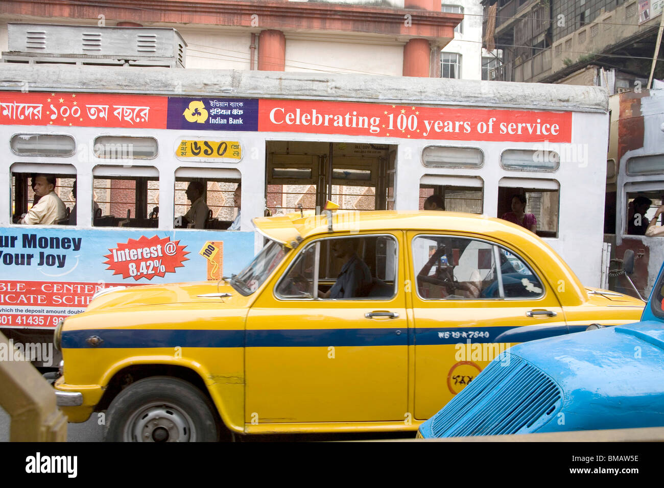 Tram and taxi traffic on road of Calcutta now Kolkata ; West Bengal ...