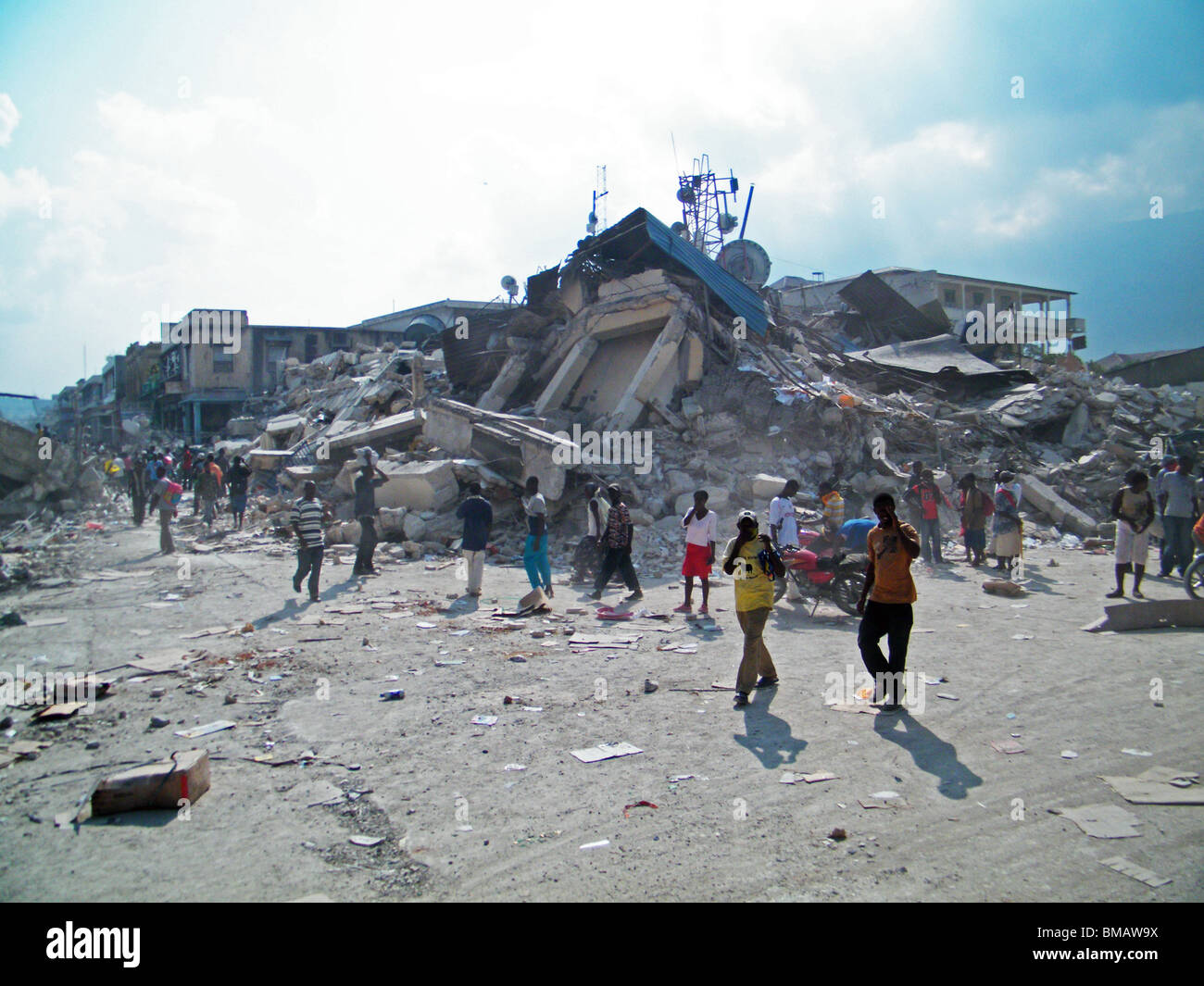 People walk through Port au Prince after the January earthquake in Haiti Stock Photo