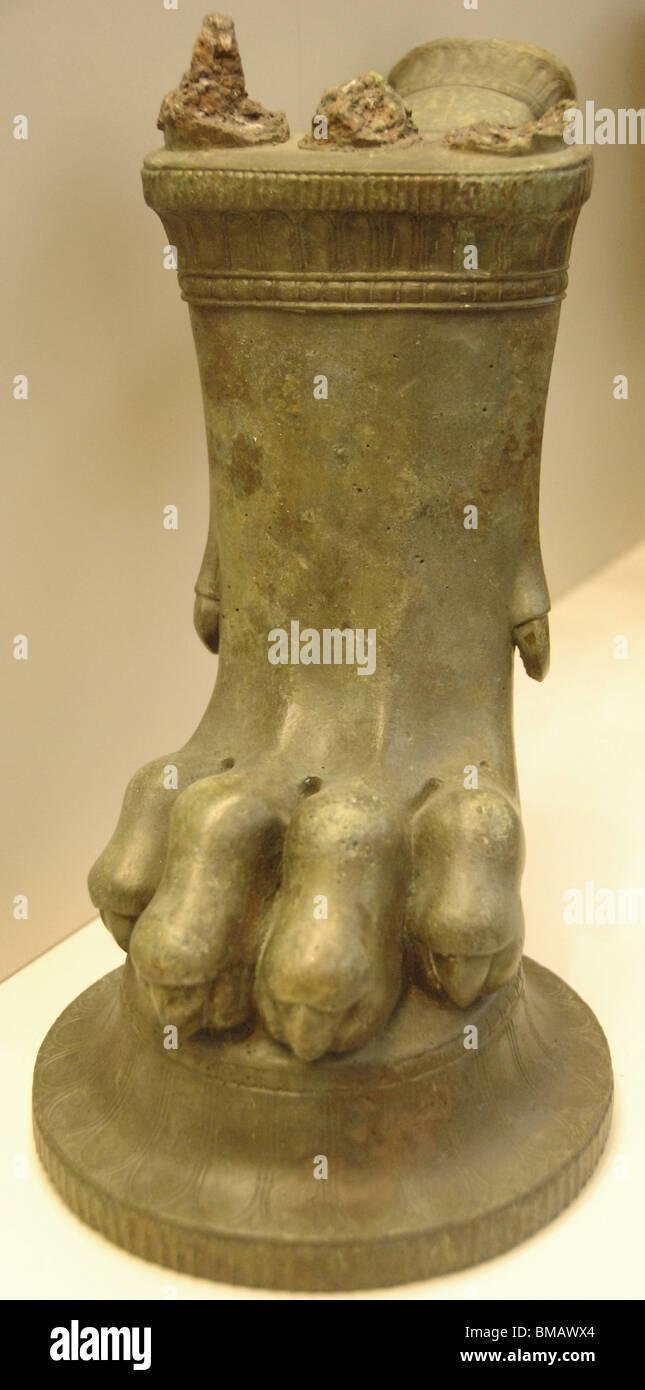 Bronze vase as lion's foot. Olympia Archaeological Museum. Ilia Province. Peloponnese region. Greece. Stock Photo