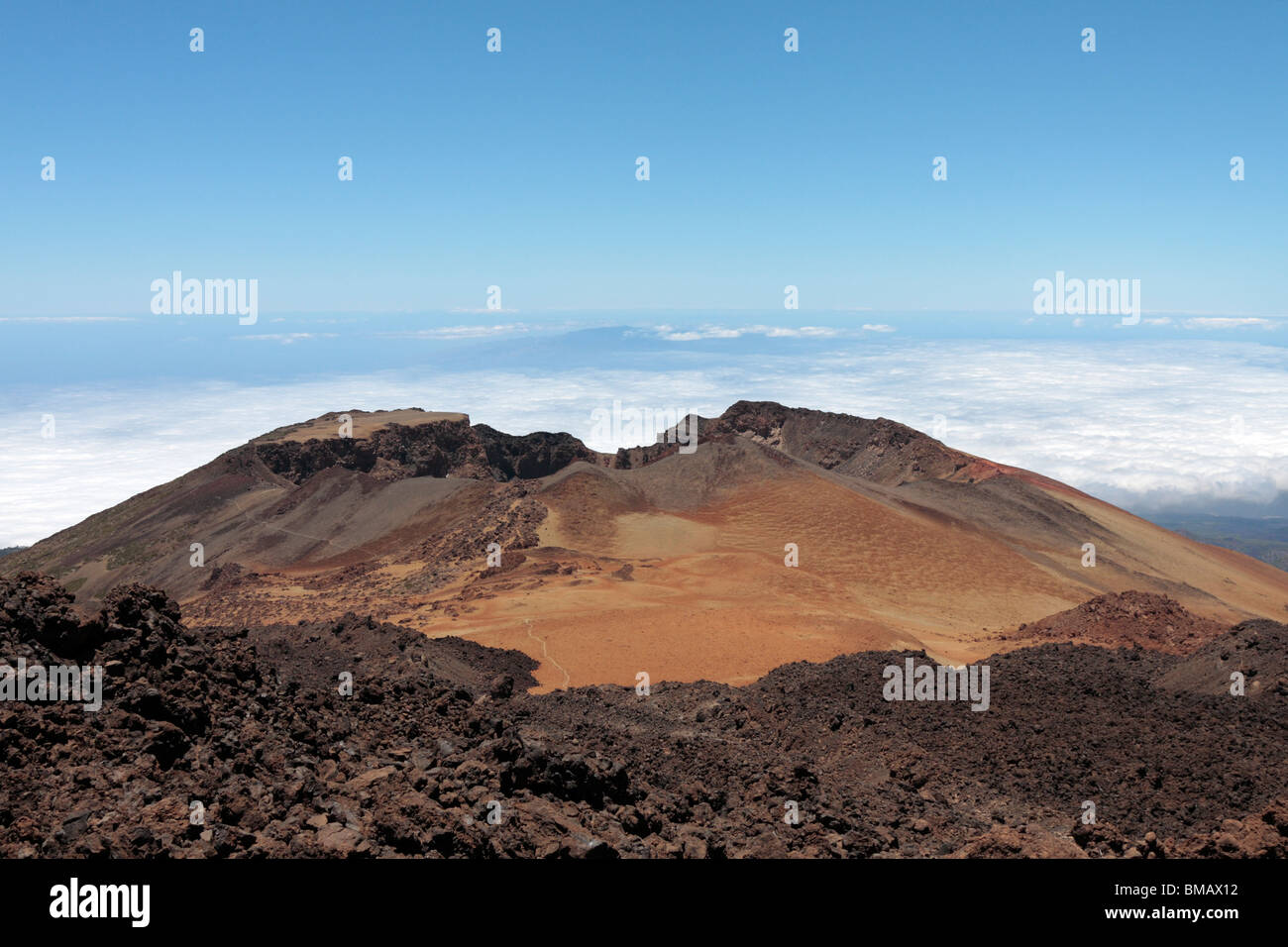 Looking down on the Pico Viejo from the lava flows on the western side of Teide Tenerife Canary Islands Spain Stock Photo
