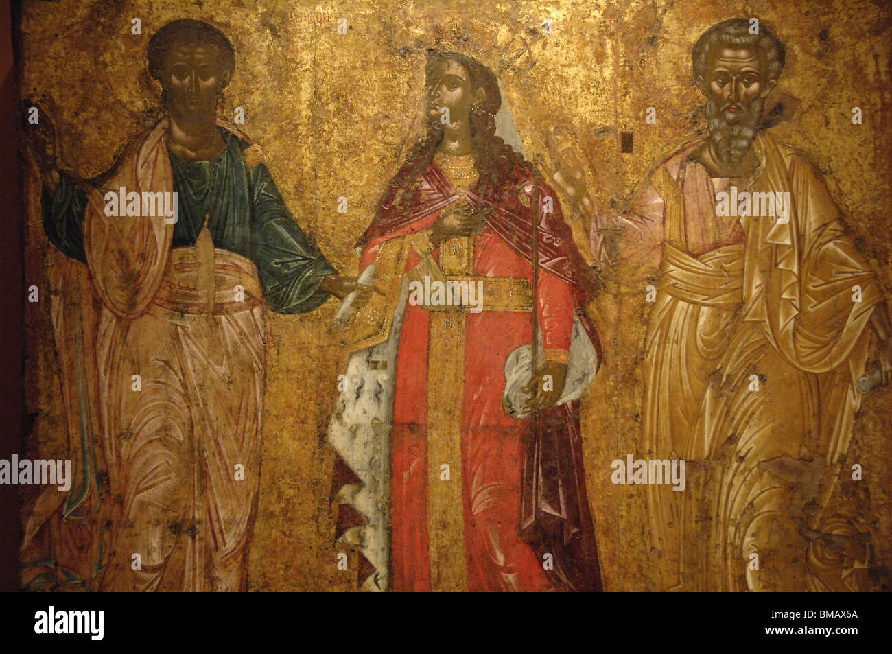 St. Jason, St. Sosipater and St. Kerkyra. Byzantine fresco. Old Fortress Museum. Corfu. Ionian Islands. Greece. Stock Photo