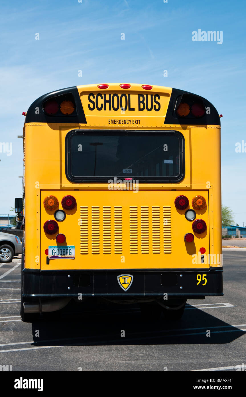 detail view of the markings on the back of a yellow school bus Stock Photo