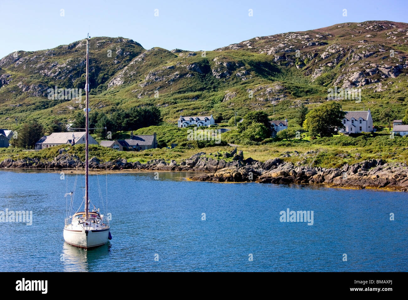 Colonsay, Scotland; View Of Boat Anchored Near Village Stock Photo Alamy