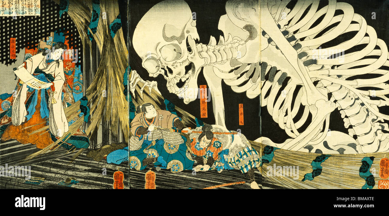 The Witch Takiyashi calling up a monstrous skeleton-spectre to frighten Mitsukuni, by Utagawa Kuniyoshi. Japan, mid-19th century Stock Photo