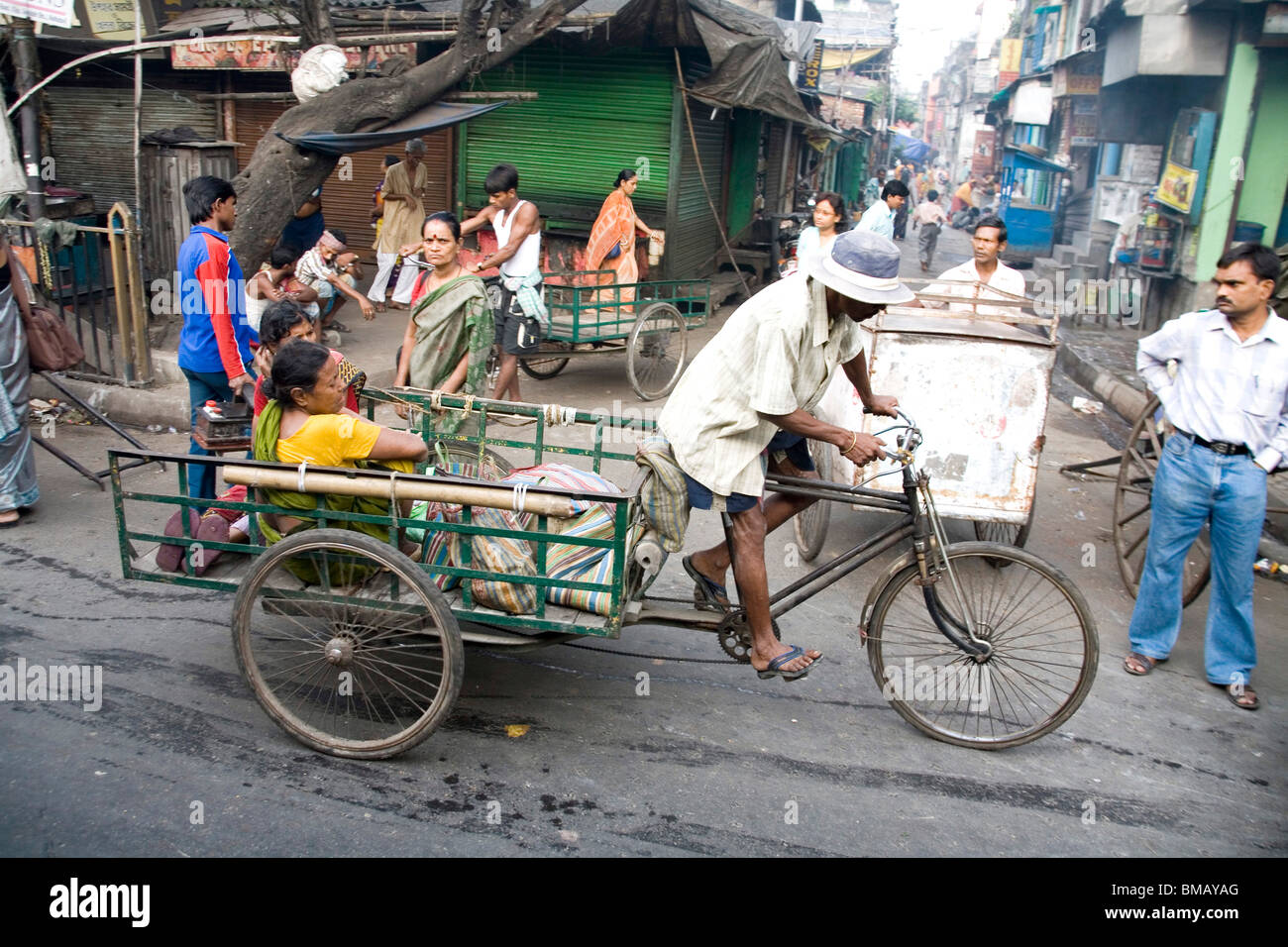 Street Scene Cycle Rickshaw Riders With Passengers Calcutta Now Kolkata West Bengal