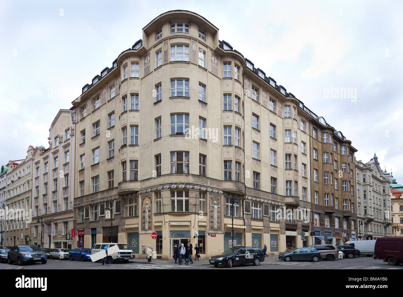 detail of facade of apartment block, 9 Kaprova Street, Prague, Czech Republic Stock Photo