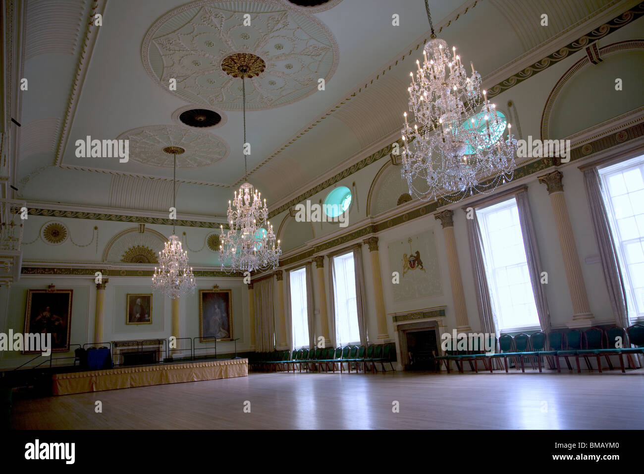 Ballroom with chandeliers, Guildhall, Bath Stock Photo