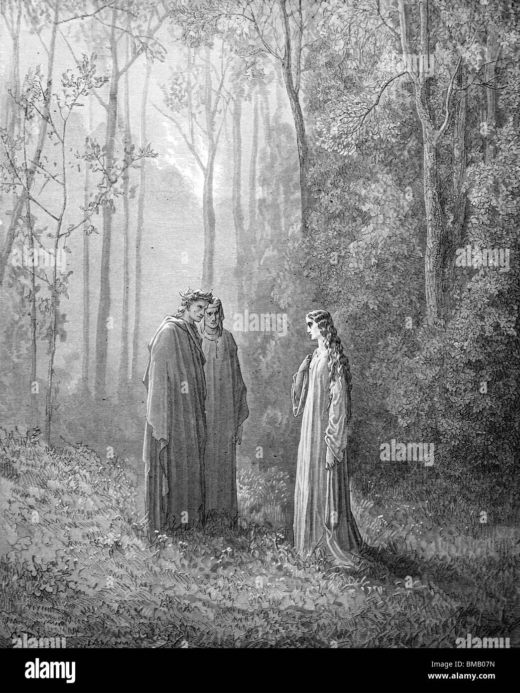 Engraving by Gustave Doré from Dante Alighieri's Divine Comedy 'Purgatory and Paradise'; Dante speaks with Pia de' Tolomei Stock Photo