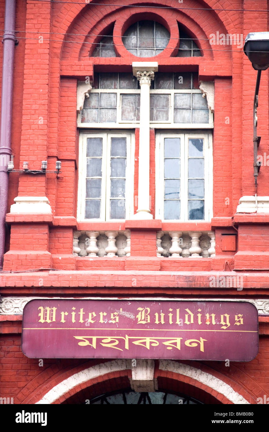 Window and nameplate of red color writer's building ; Bengal
