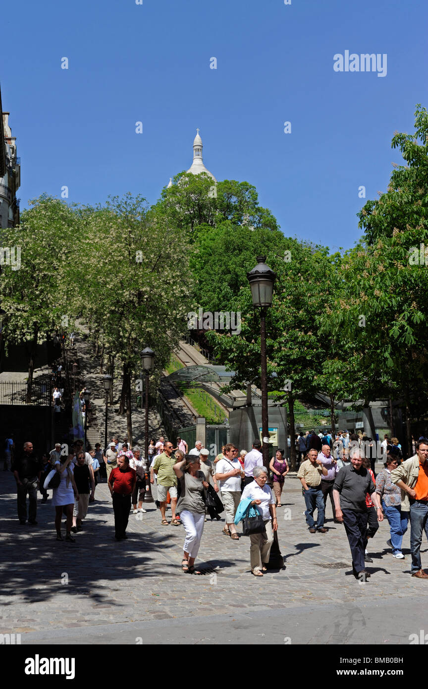 Montmartre funicular and Sacre-Coeur Basilica, Paris, France Stock Photo