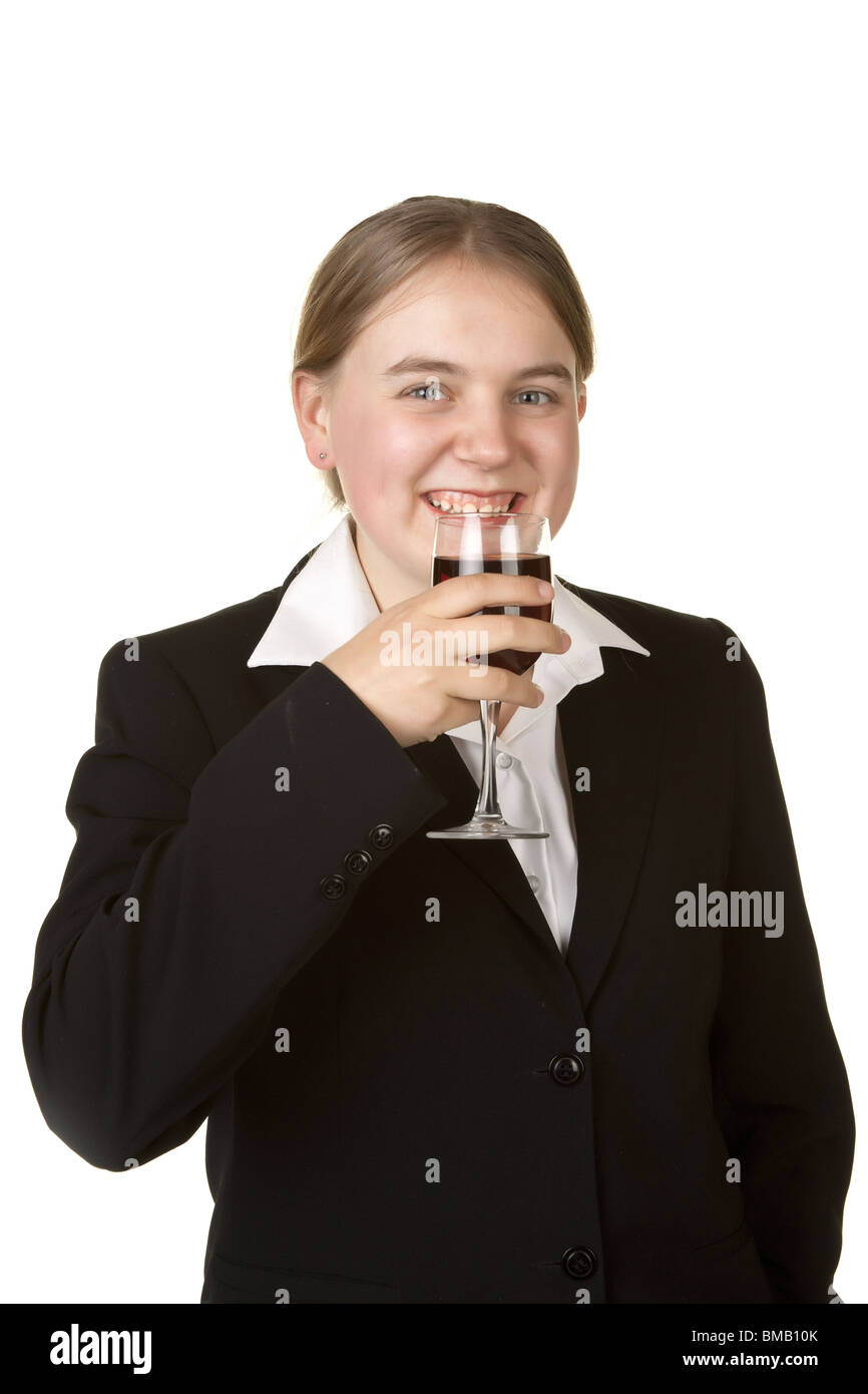young business woman with a glass of red wine isolated on white ...