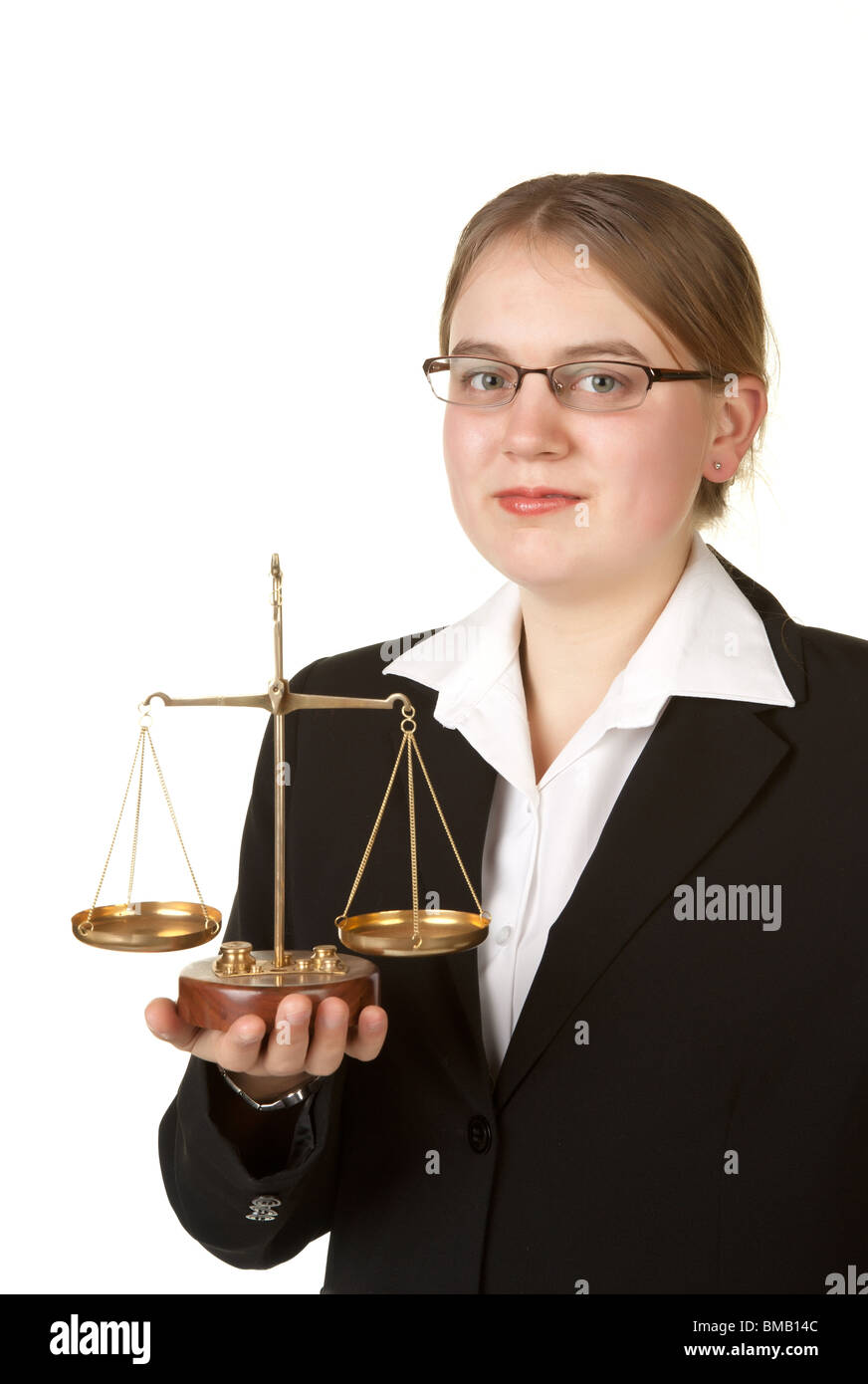 young female business lawyer with scales isolated on white background Stock Photo