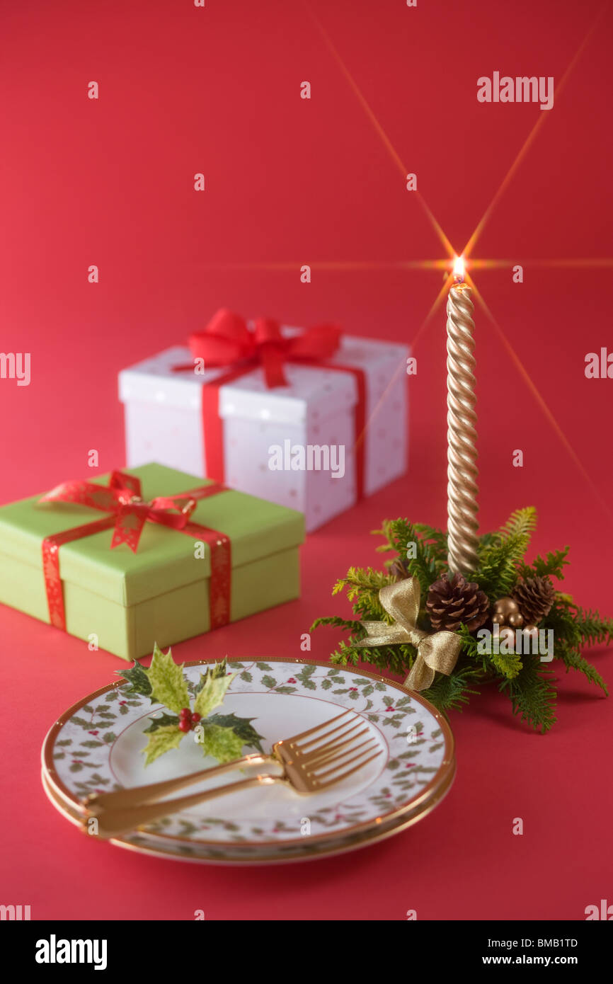 Christmas Candle and Plate Stock Photo