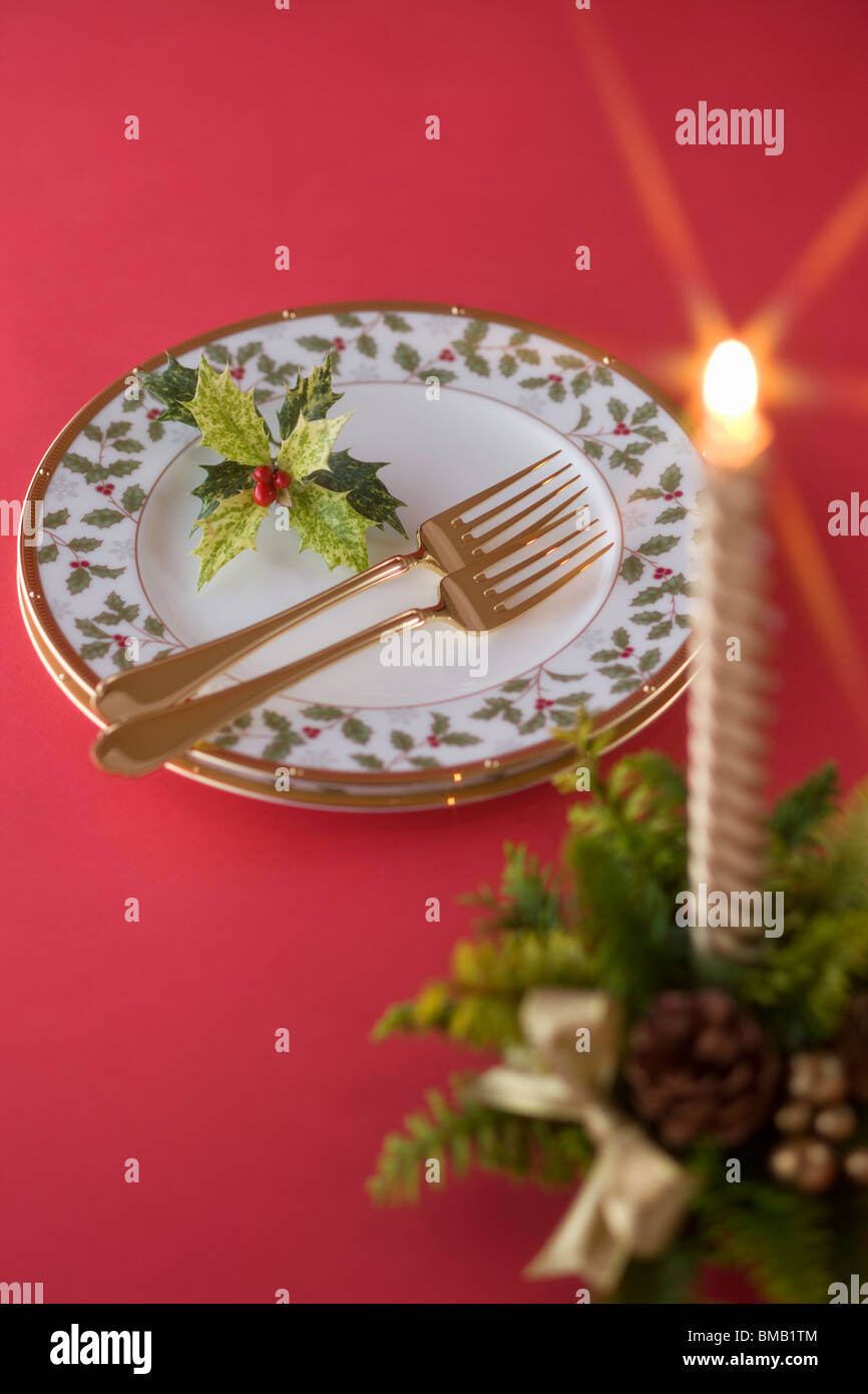 Christmas Candle and Plate Stock Photo