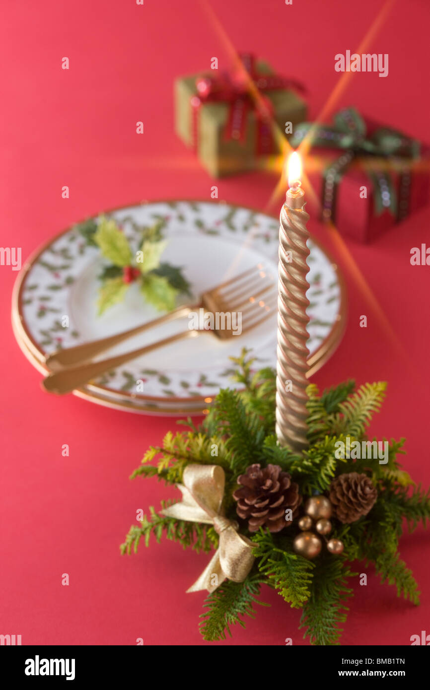 Christmas Candle and Plate Stock Photo