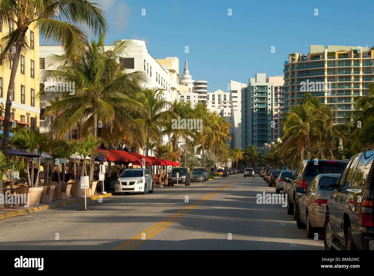 Hotels and condos on Ocean Drive in Art Deco District of South Beach, Miami Beach, Florida, USA Stock Photo