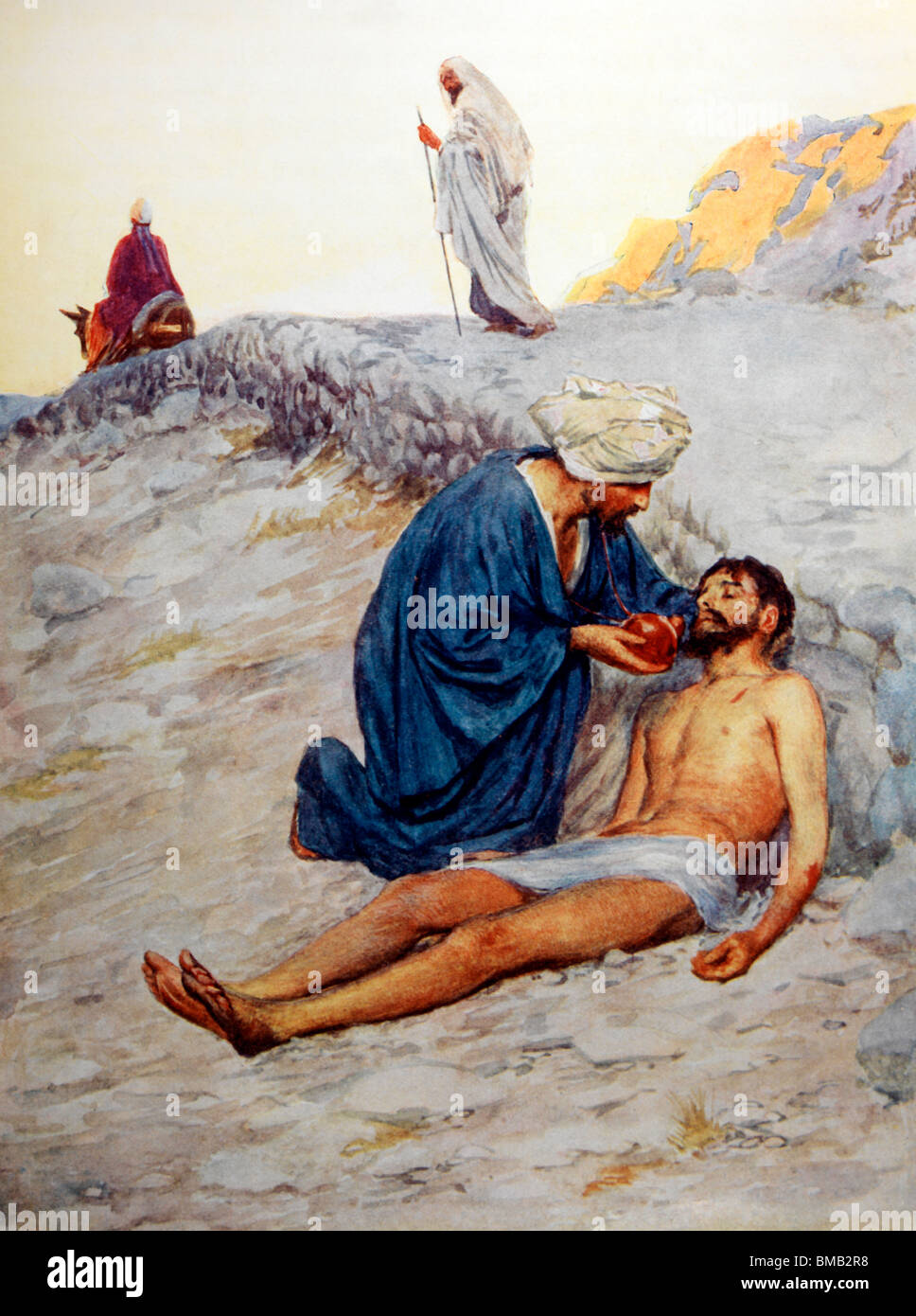 The Good Samaritan Helps The Jewish Man Who Has Been Robbed And Beaten Stock Photo