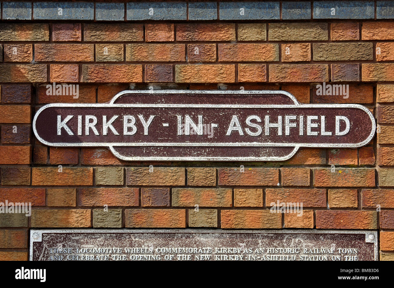 Old railway station sign, Kirkby in Ashfield, Nottinghamshire, England