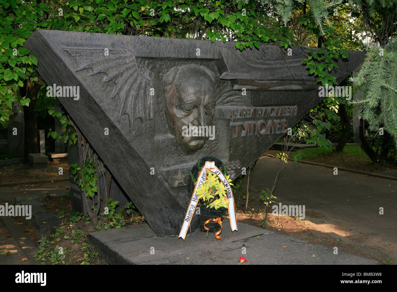 The grave of the pioneering Soviet aircraft designer Andrei Tupolev at Novodevichy Cemetery in Moscow, Russia Stock Photo