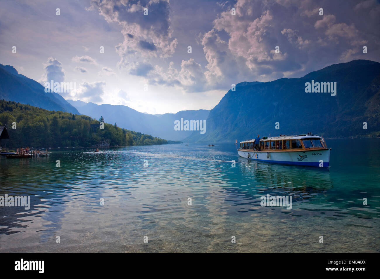 Boat on Lake Bohinj, largest lake in Slovenia, Triglav National Park, Slovenia Stock Photo