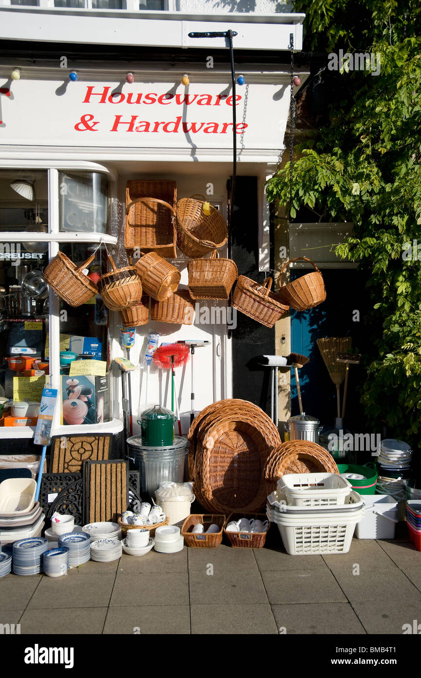 Wicker baskets and other items outside a houseware and hardware shop in