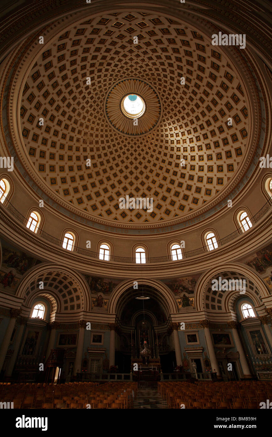 An internal shot of the dome of the Church of St Mary - known as the Rotunda or Mosta Dome, Mosta, Island of Malta Stock Photo