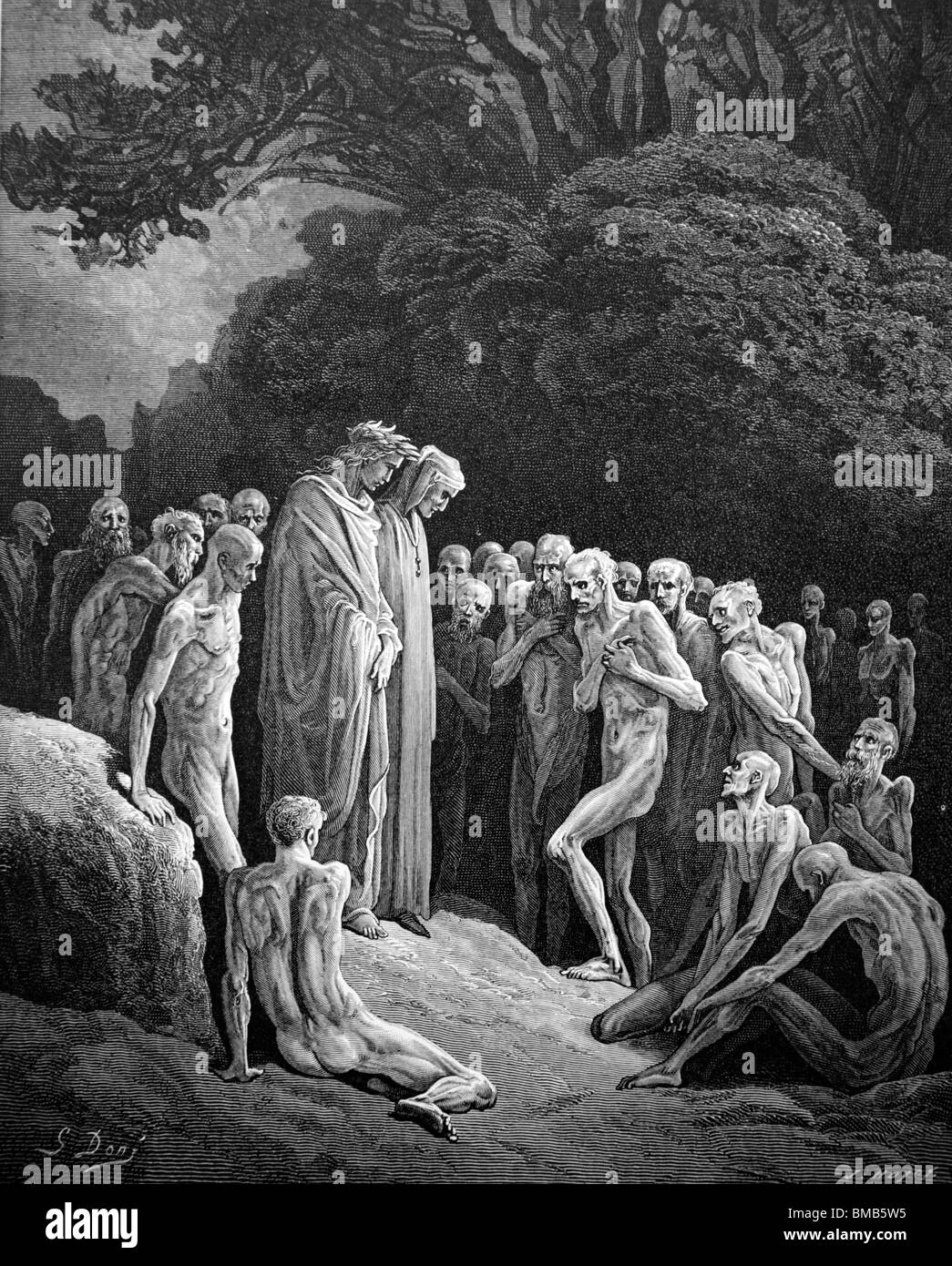 Engraving by Gustave Doré from Dante Alighieri's Divine Comedy 'Purgatory and Paradise'; Dante and Virgil meet the Gluttons Stock Photo
