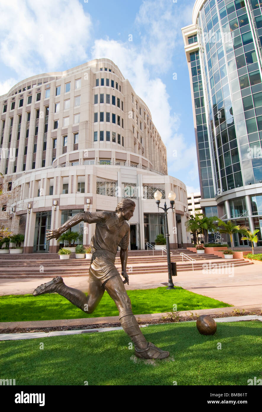 Soccer statue honoring World Cup Orlando 1994 in city center of Orlando, Florida, USA Stock Photo