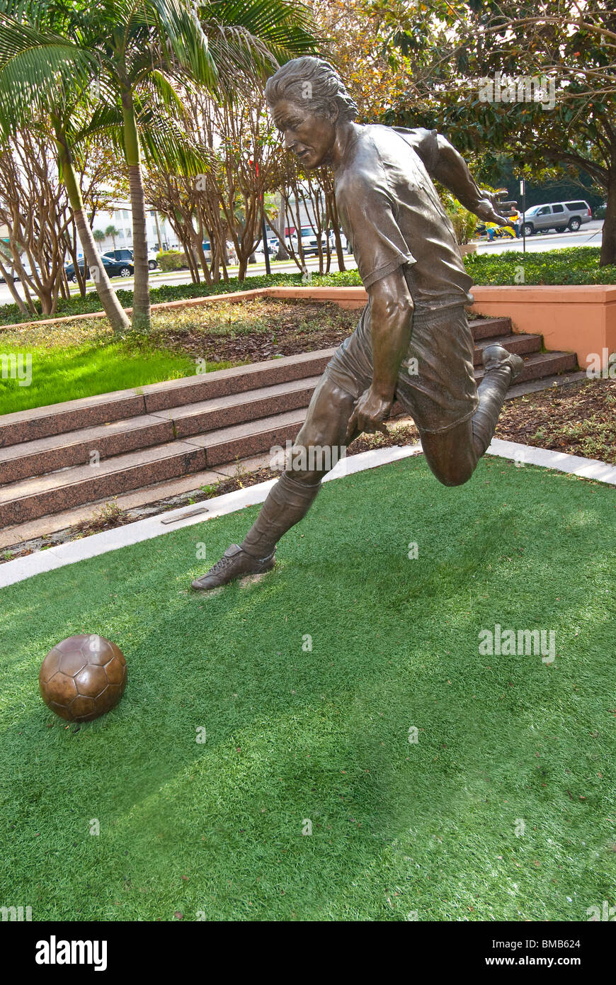 Soccer statue honoring World Cup Orlando 1994 in city center of Orlando, Florida, USA Stock Photo
