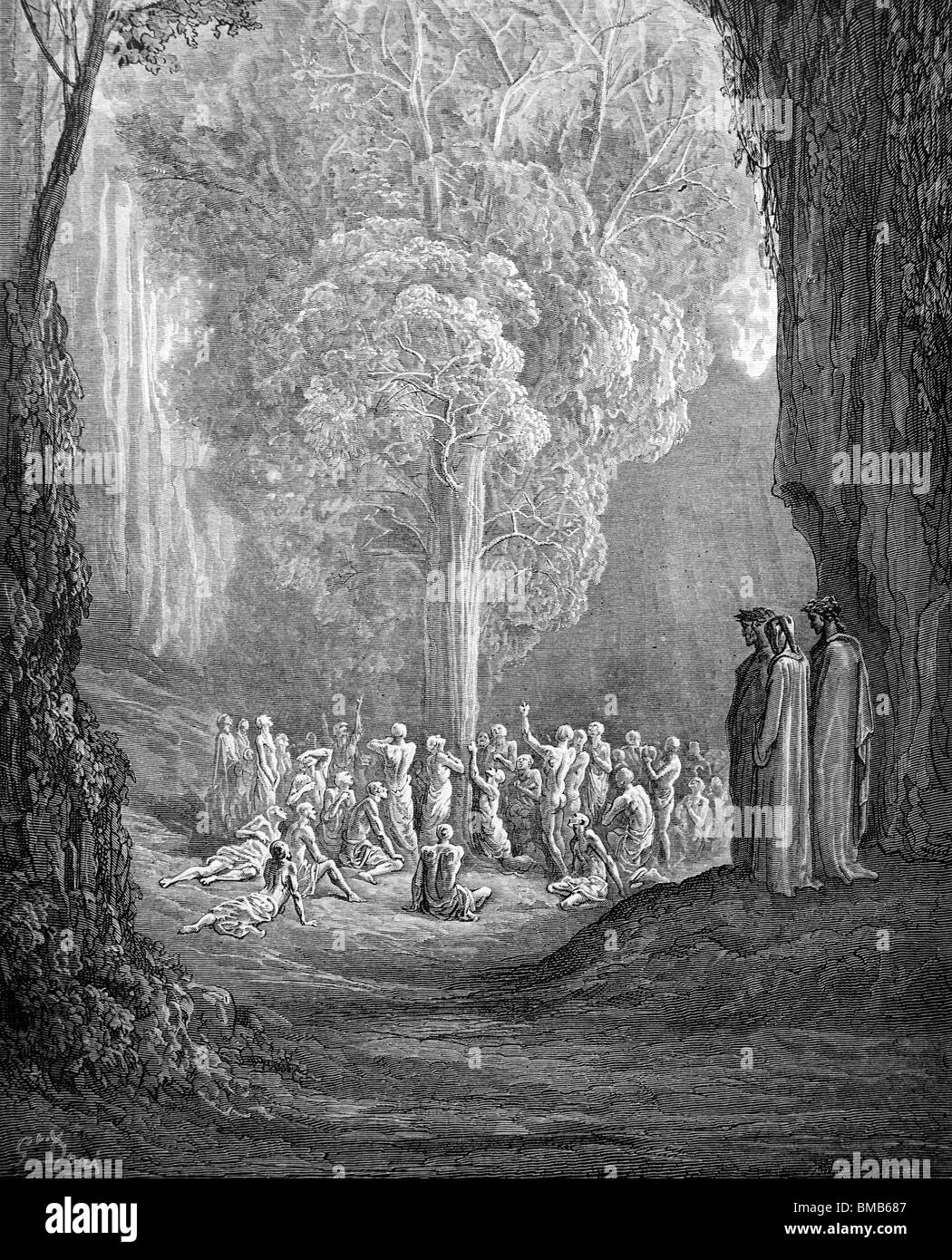 Engraving by Gustave Doré from Dante Alighieri's Divine Comedy; Dante and Virgil on the Terrace of Gluttonous Souls Stock Photo