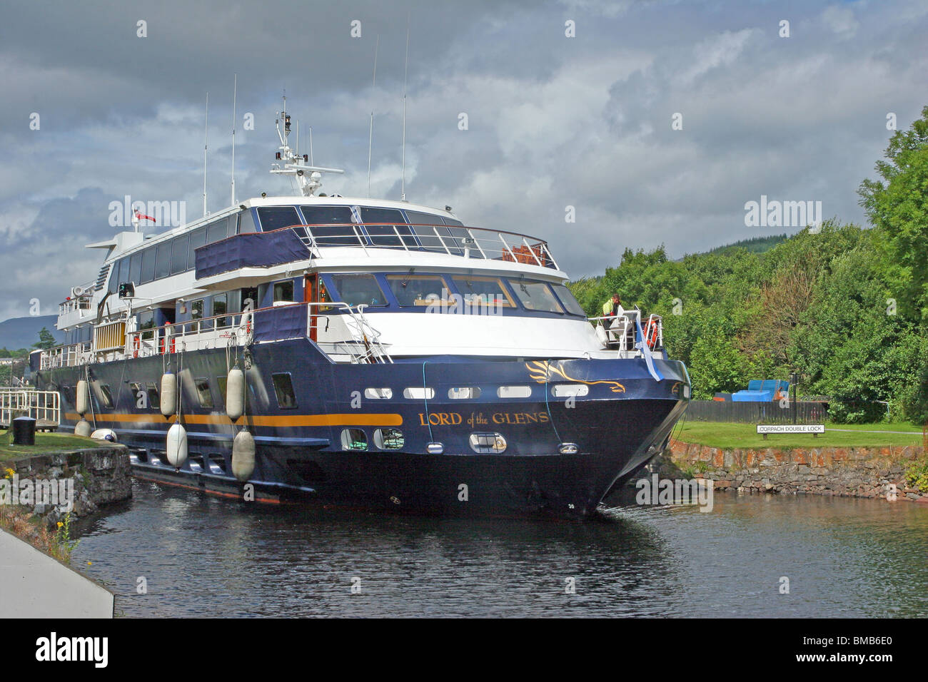 The ' Lord of the Glens' leaving Corpach Double Lock on The Caledonian Canal at Corpach. Stock Photo