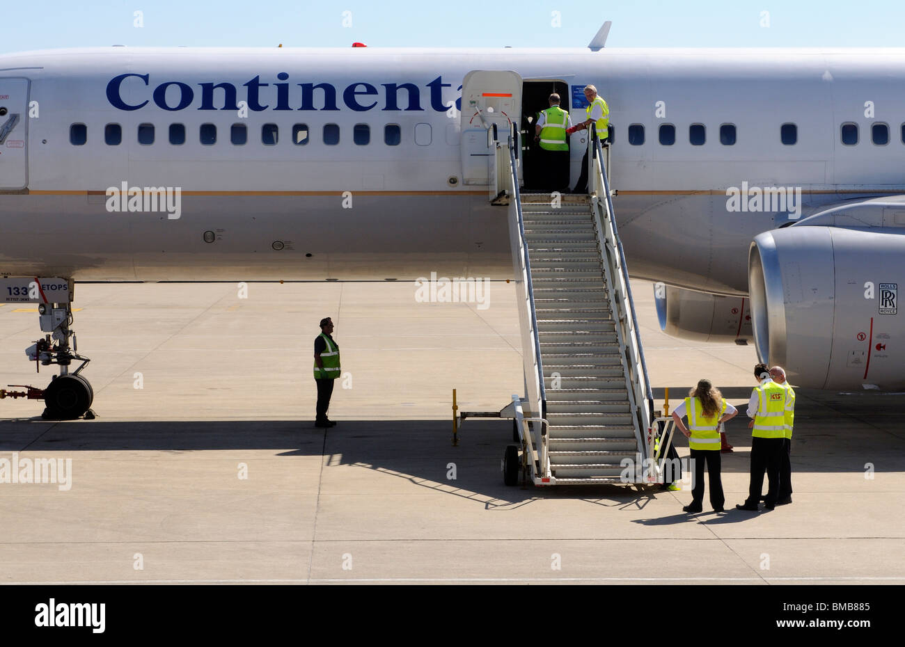 Ground staff at Bristol International Airport England make ready a