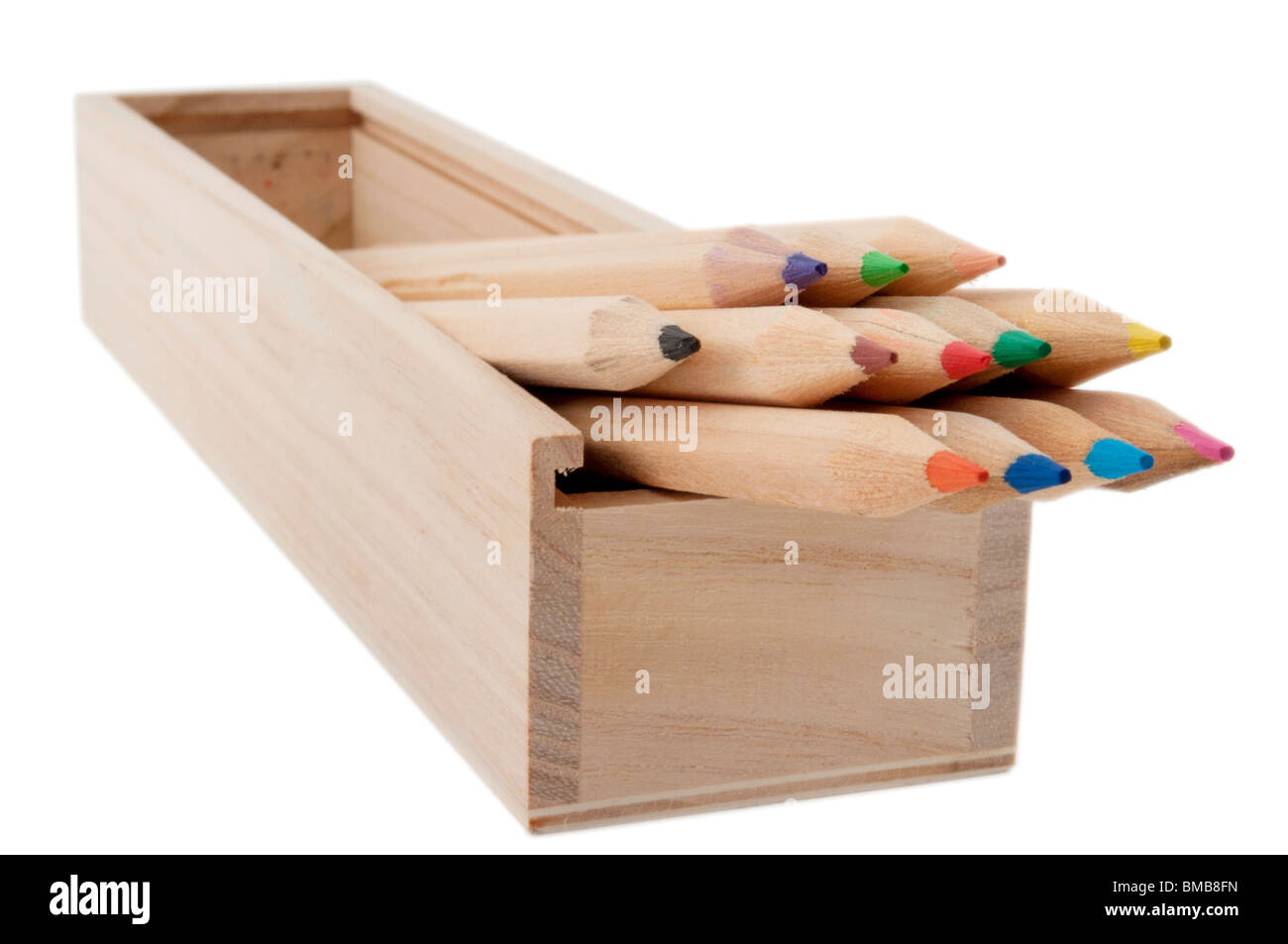 My Old Wooden Pencil Box, full of colored pencils Stock Photo