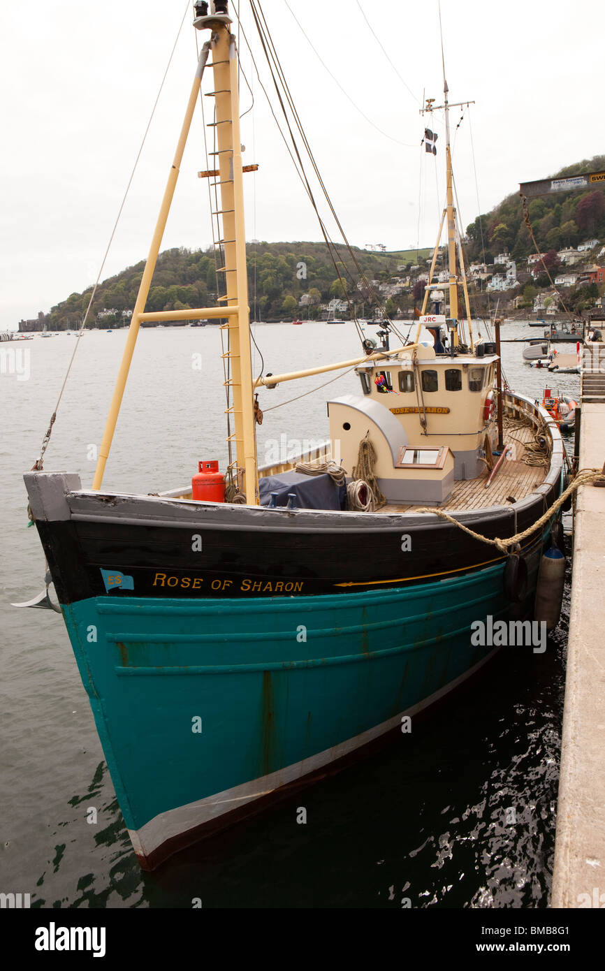 UK, England, Devon, Dartmouth, Heritage fishing boat, Rose of Sharon moored on River Dart jetty Stock Photo