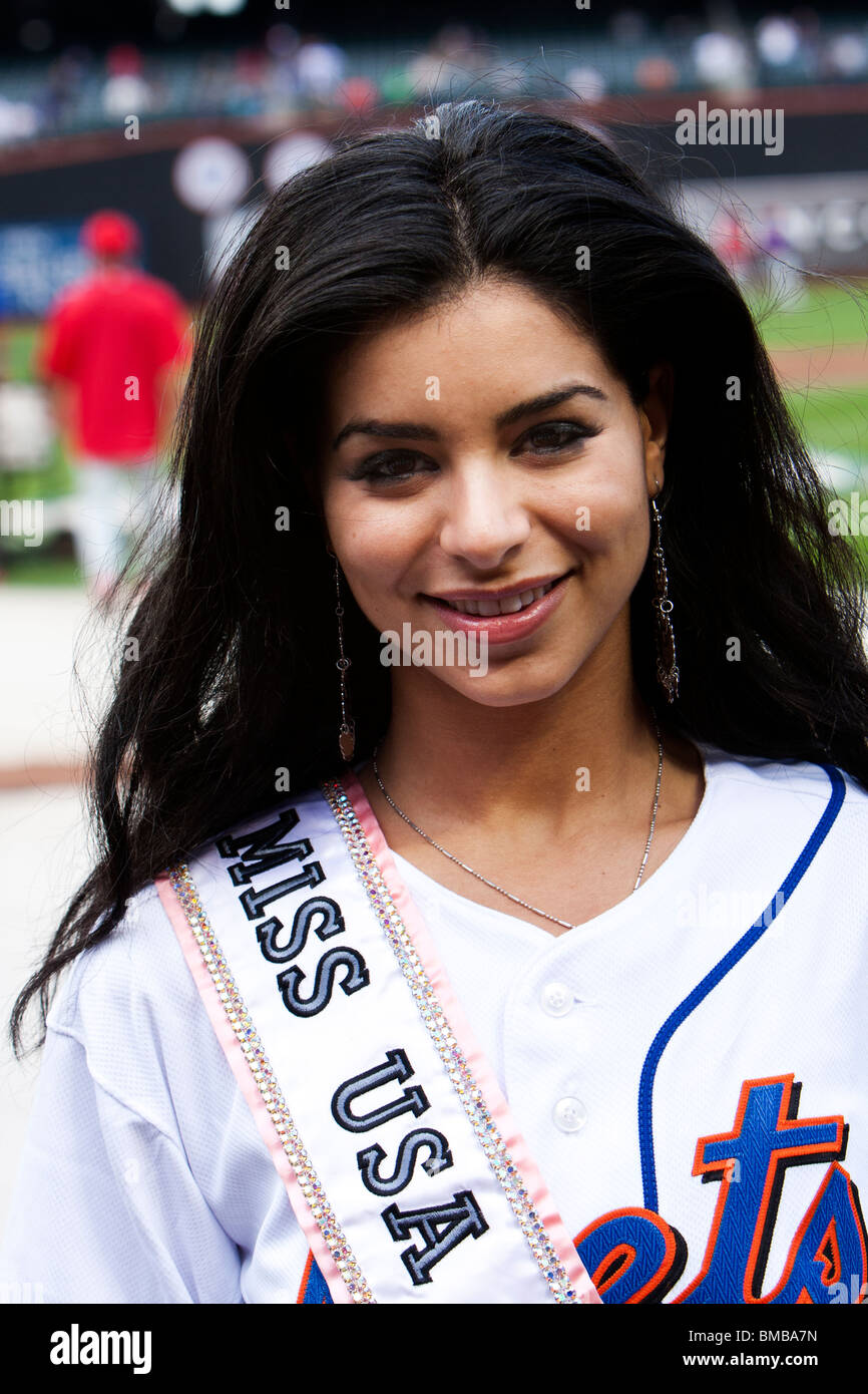 Miss USA, Rima Fakih, wearing a jersey at the Mets baseball game in Citi Field Park stadium, New York. Stock Photo
