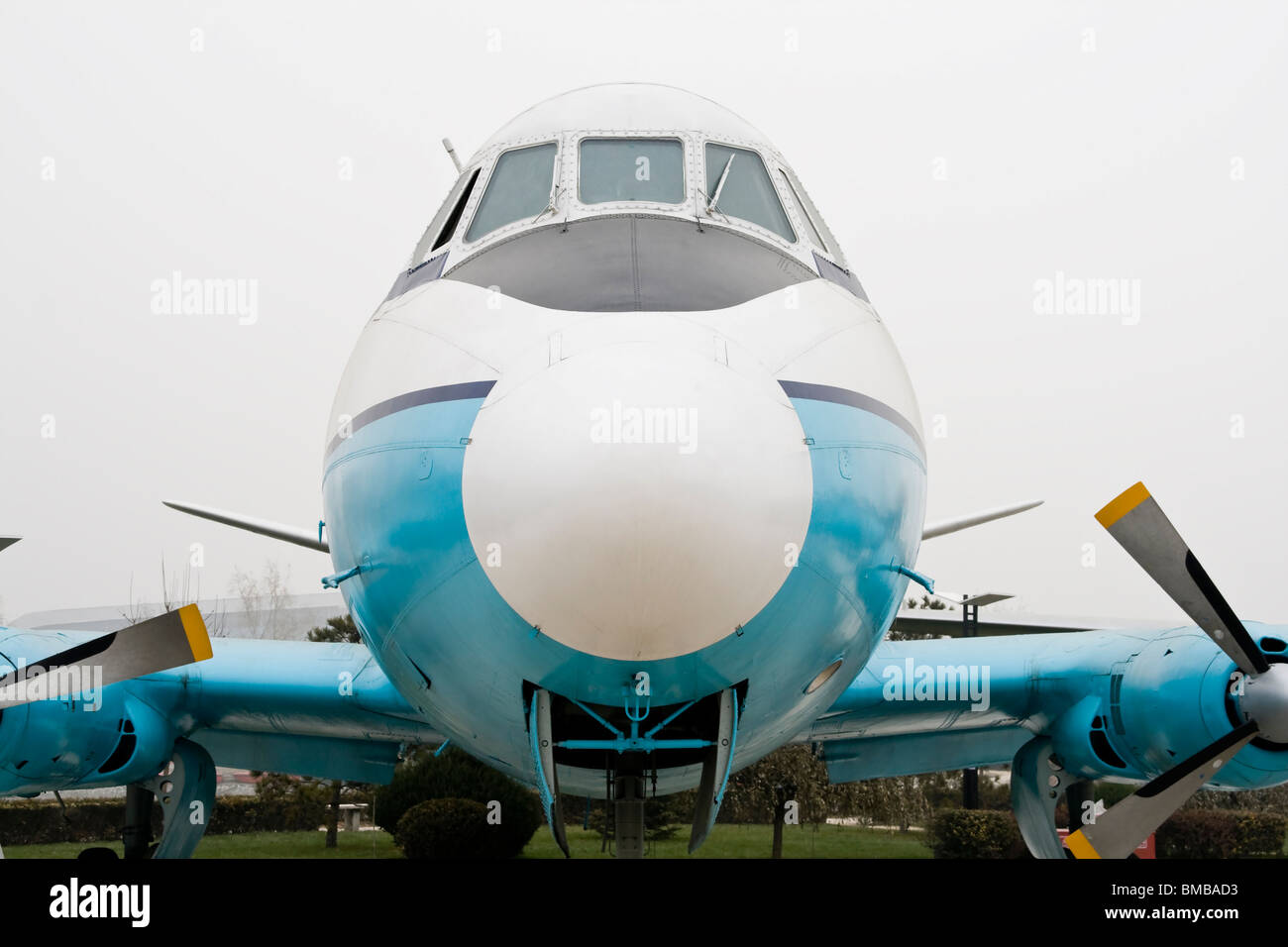 Vintage turboprop airplane parked at museum Stock Photo