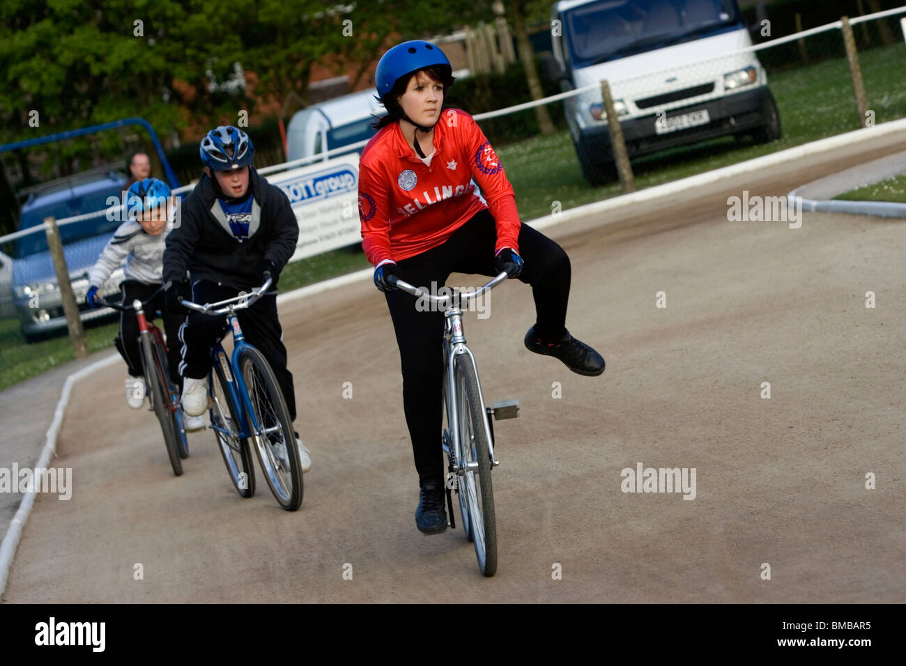 Action from a practice session at Hellingly Lions Cycle Speedway, Hailsham, East Sussex, UK. Stock Photo