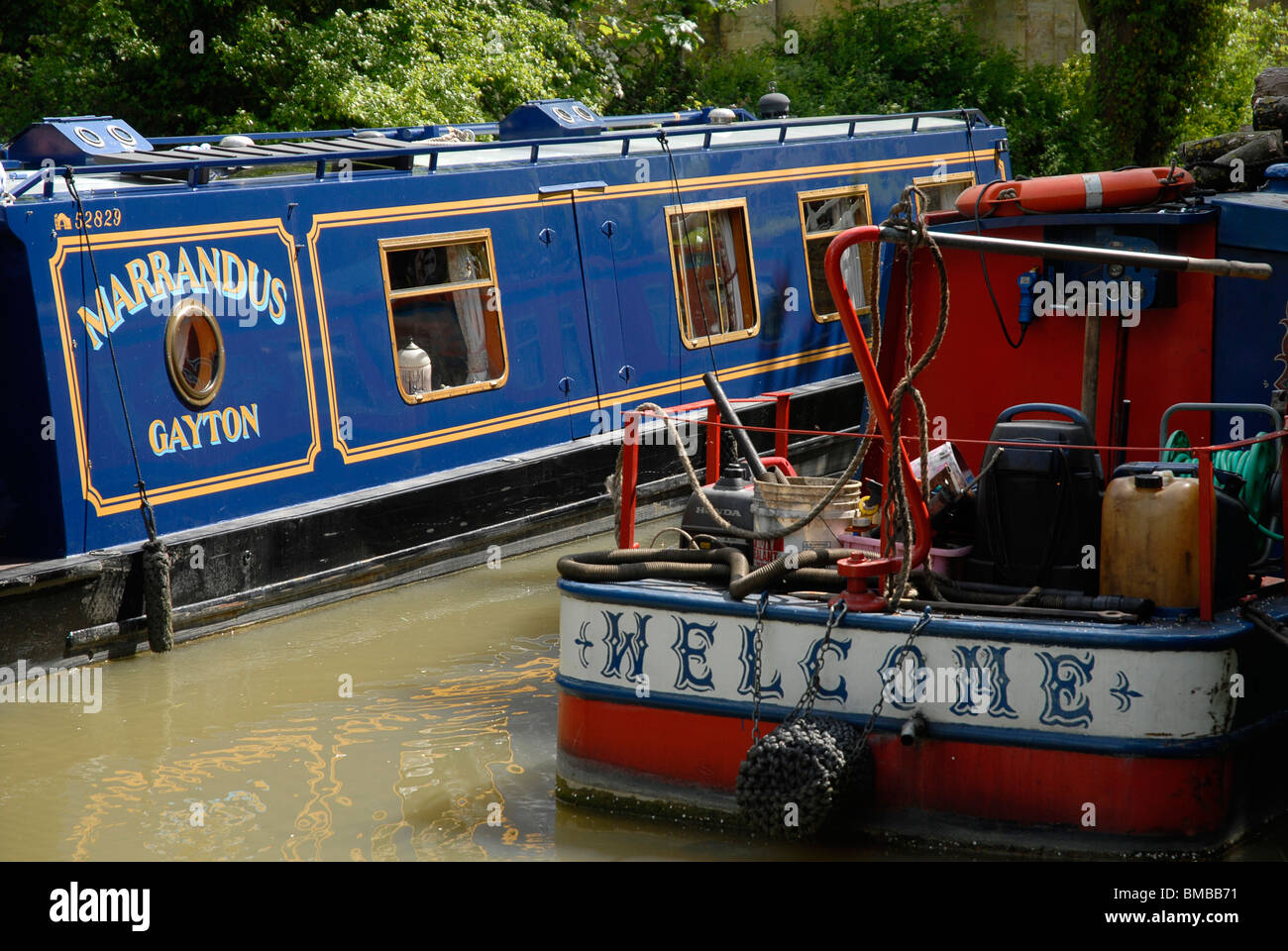 Narrowboats on the Grand Union Canal at Cosgrove, Northamptonshire, UK, 2010. Stock Photo