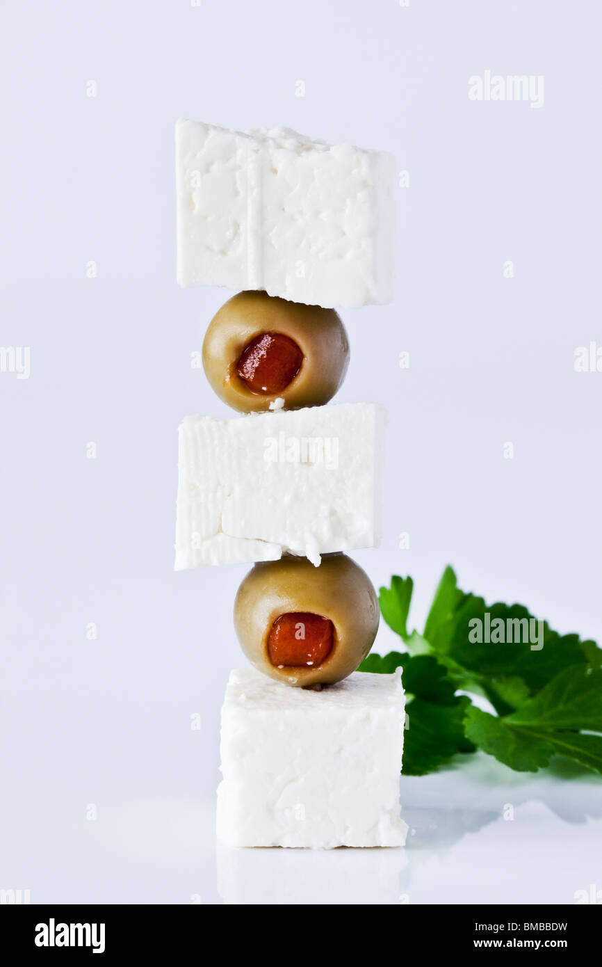 Feta Cheese Cubes and Olives Stock Photo