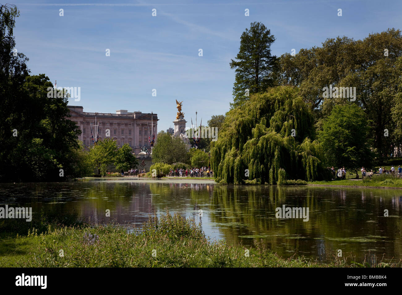 Looking across St James's Park Lake towards Buckingham Palace, London Stock Photo