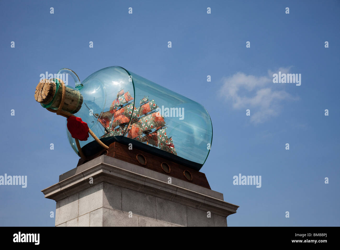 Victory in a bottle and made by artist Yinka Shonibare, is the latest addition to the fourth plinth in Trafalgar Square, London. Stock Photo