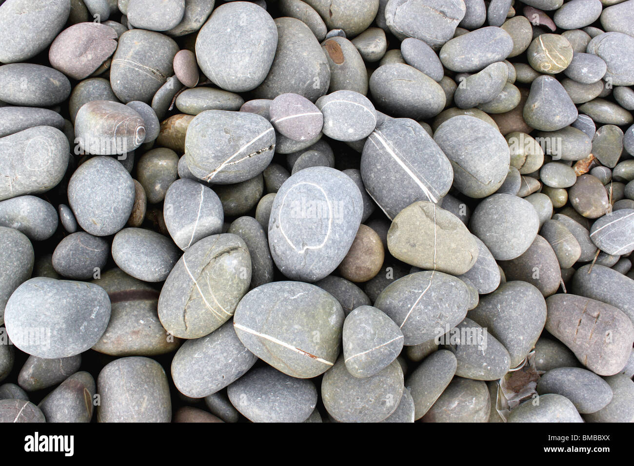 Pebbles on a beach with a white circle of stone within Stock Photo
