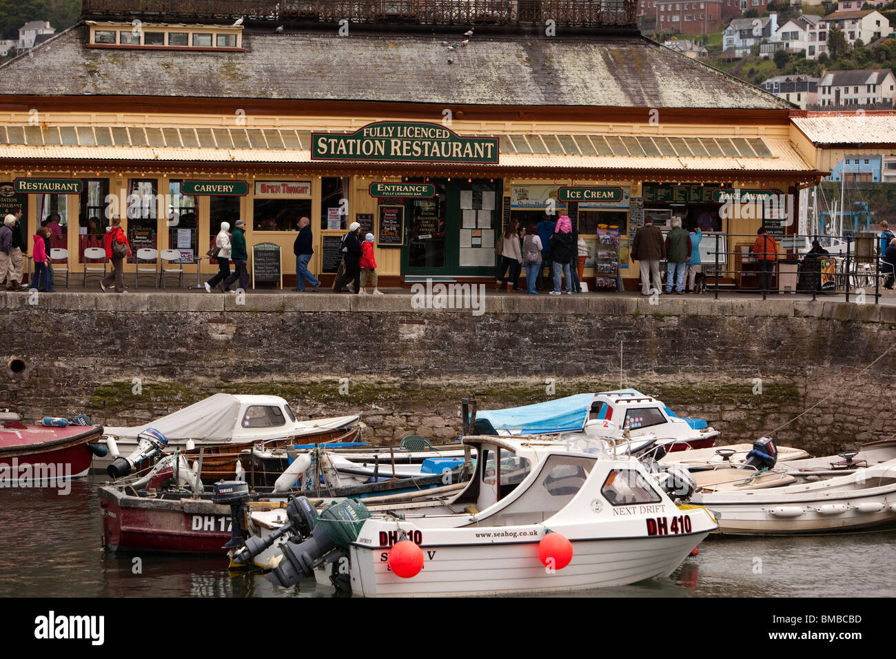 UK, England, Devon, Dartmouth, Station Restaurant riverside building overlooking the Boat Float Stock Photo