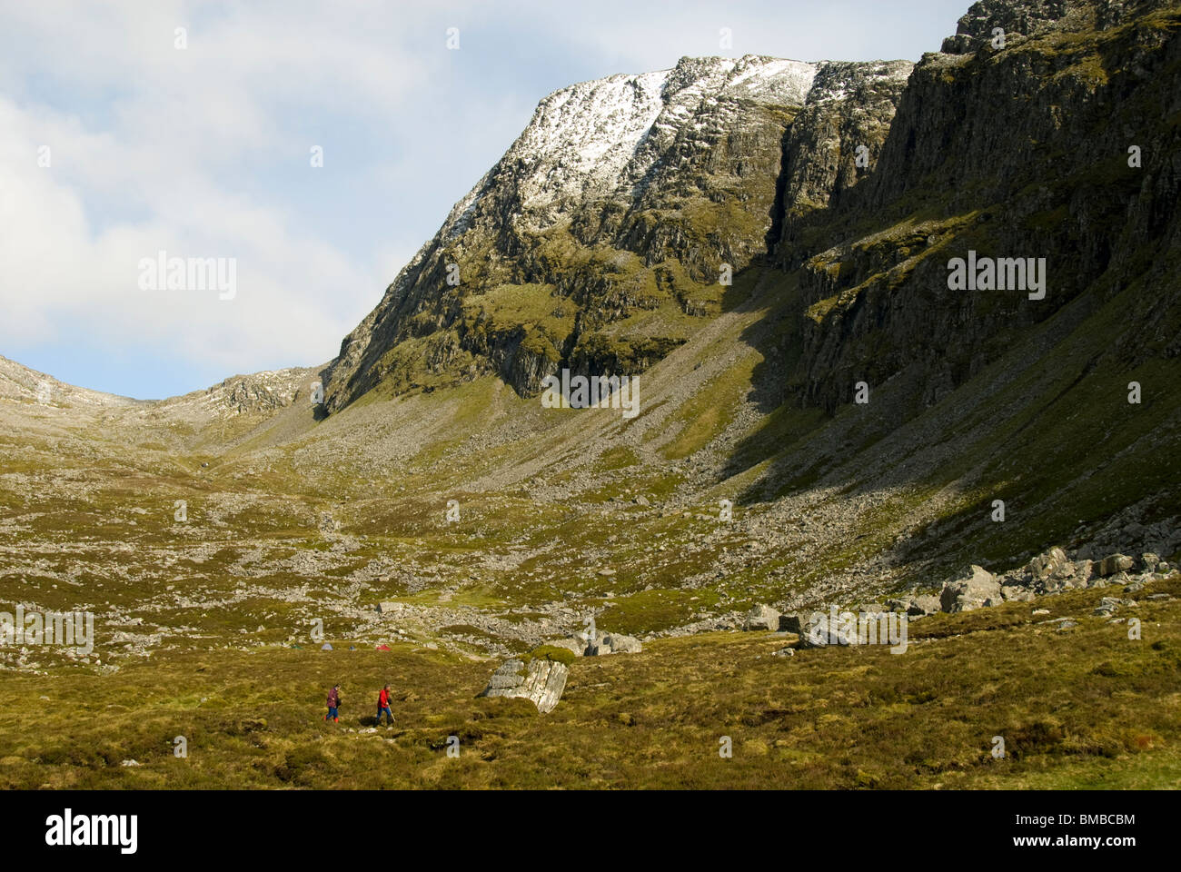 Walkers below the cliffs of Beinn Dearg, Inverlael Forest, east of