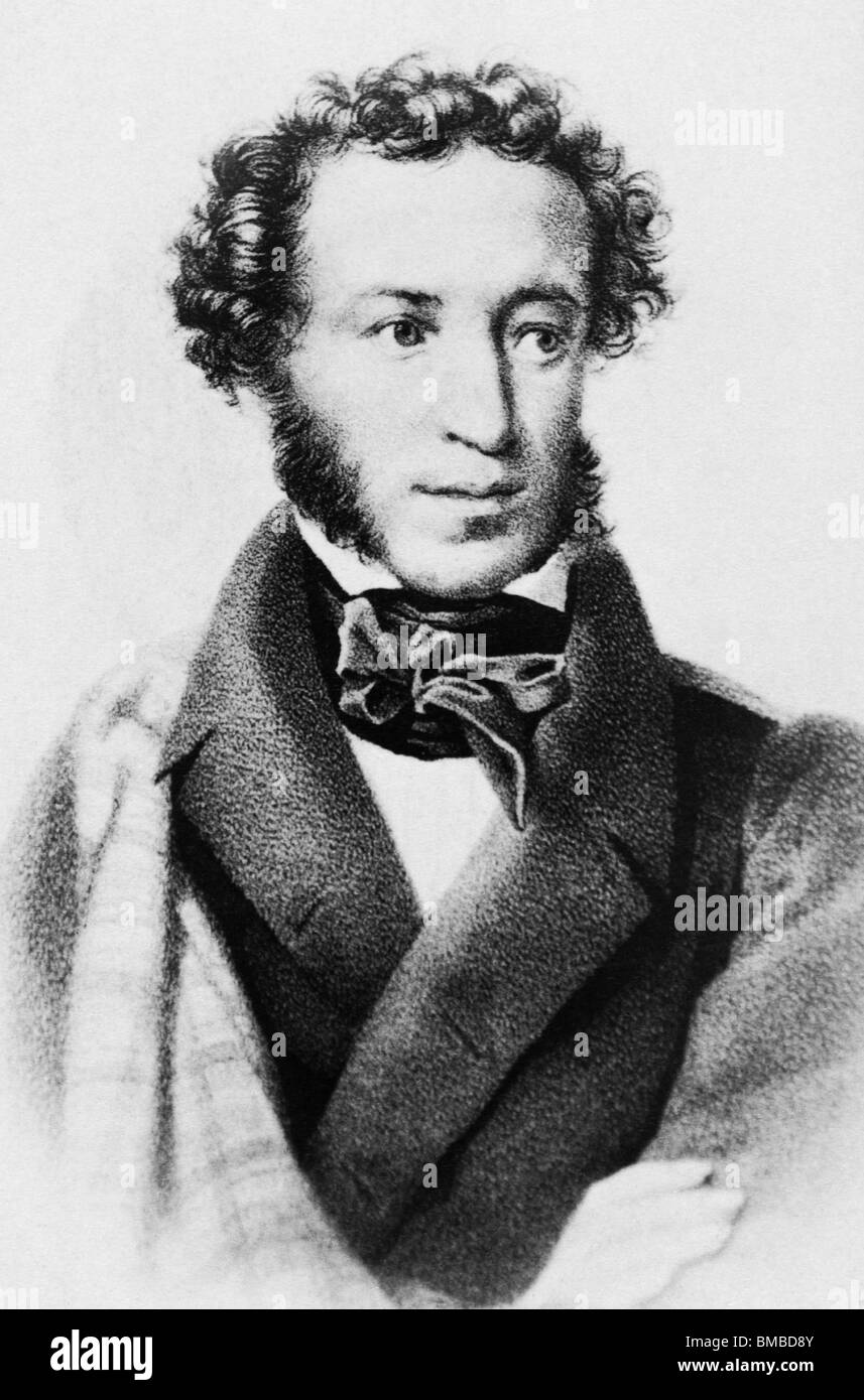 Vintage lithograph portrait print of Russian author and poet Alexander Pushkin (1799 - 1837). Stock Photo